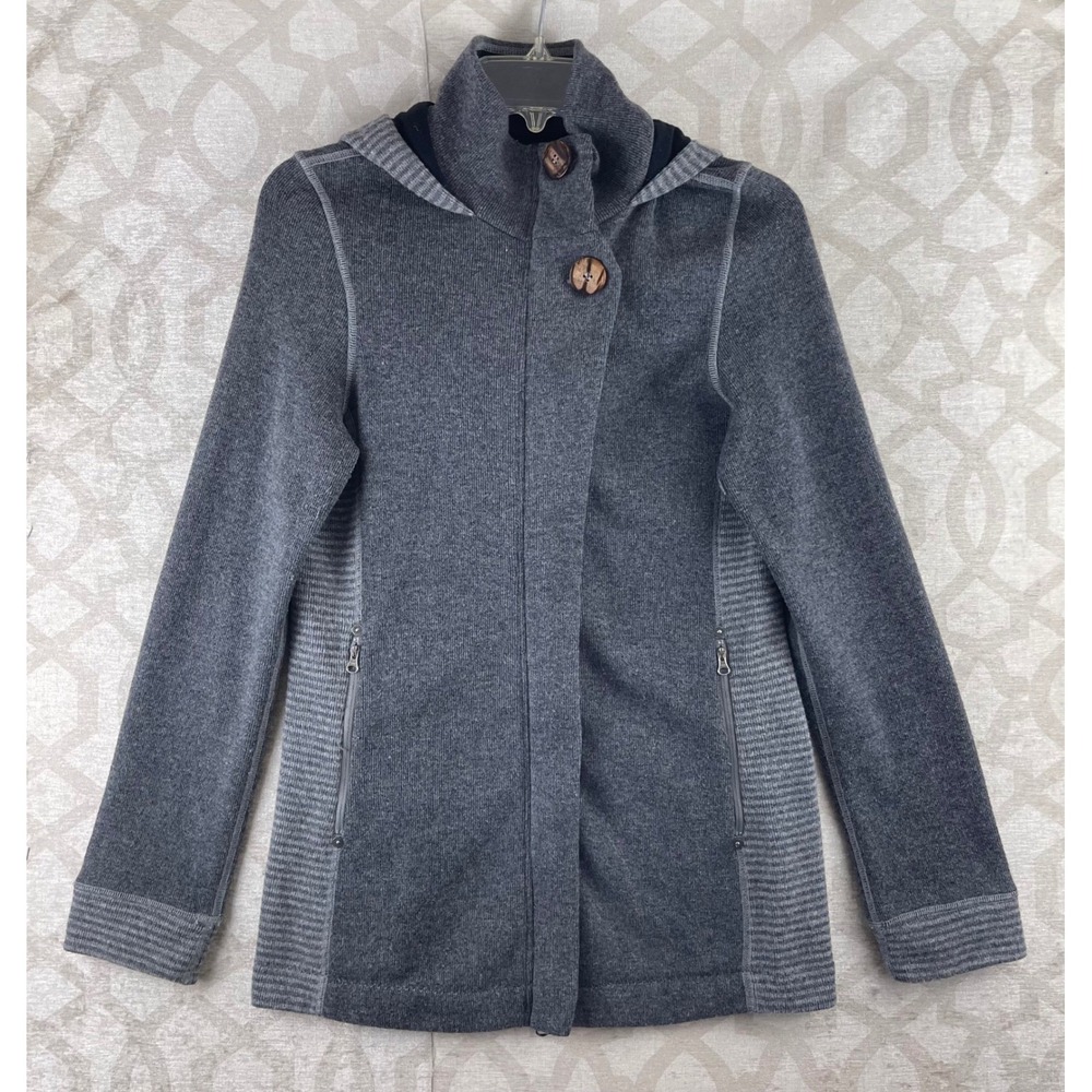 Prana Breathe Jacket Women Small Gray Wool Blend Hooded‎ Asymmetrical Zip